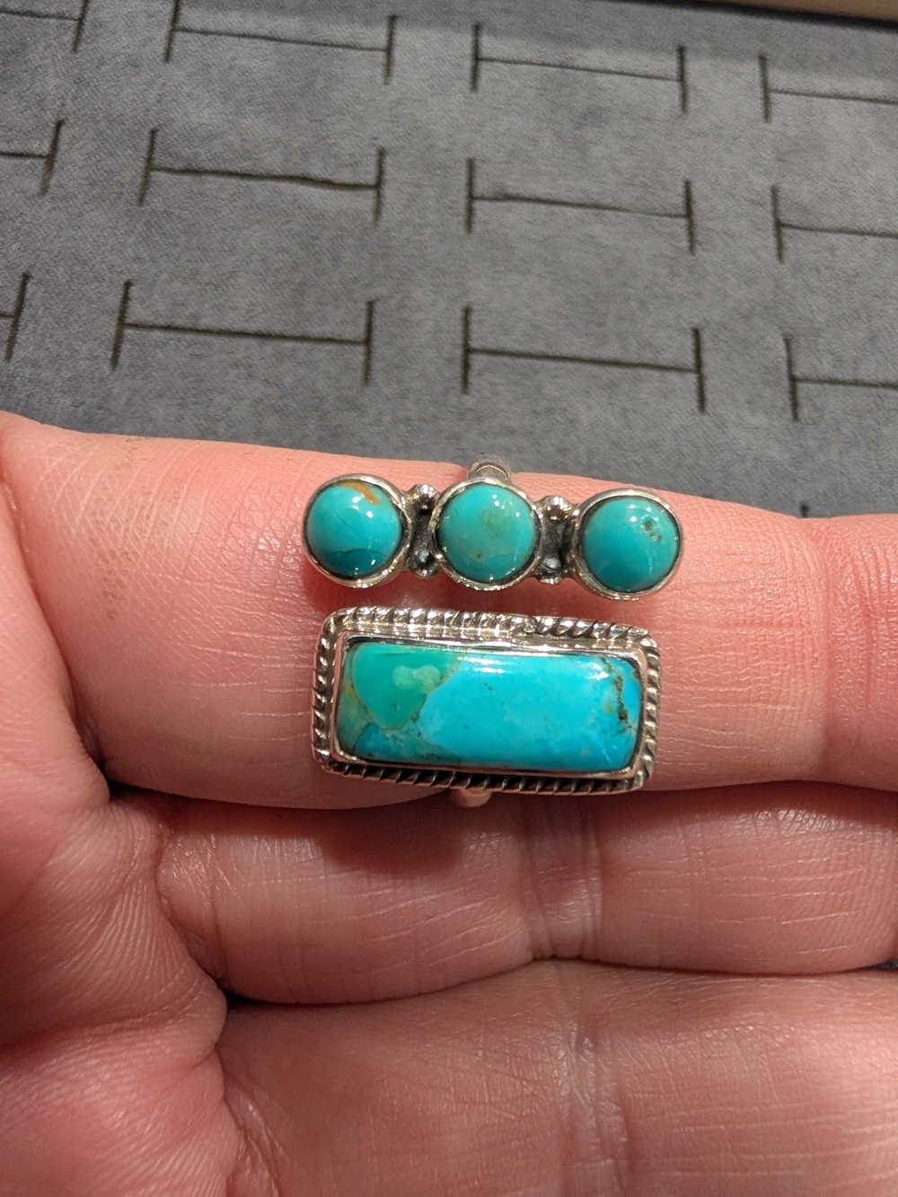 Turquoise Sterling Silver Turquoise Bar and Three-Stone Ring - Turquoise